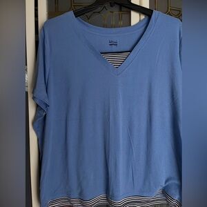 Basic Editions Blue V-Neck Women's Top Preppy Stripped 3X